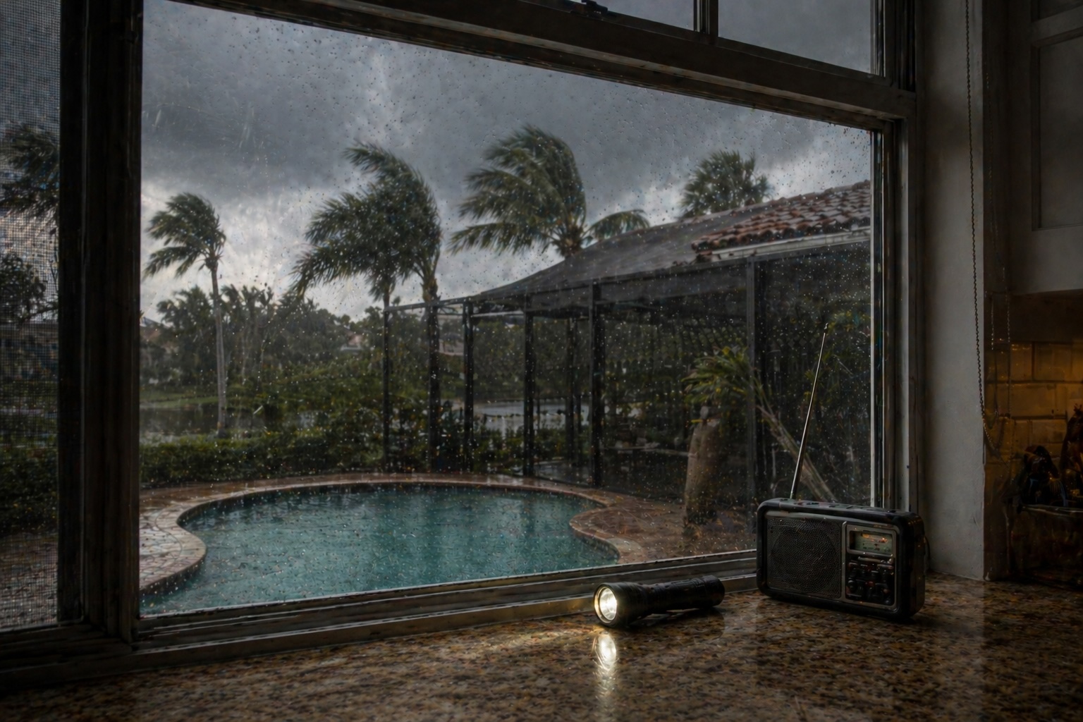 Florida home prepared for hurricane season with storm shutters and secured landscaping